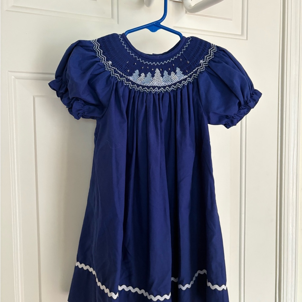 Blue Smocked Winter Dress with Puff Sleeves